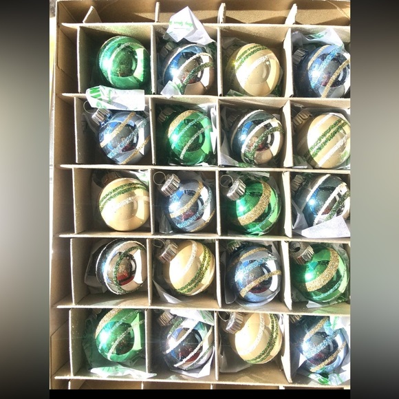 20 Radko Mini Glass Ball Christmas Ornaments Blue White Silver Glitter Stripes - Picture 2 of 8